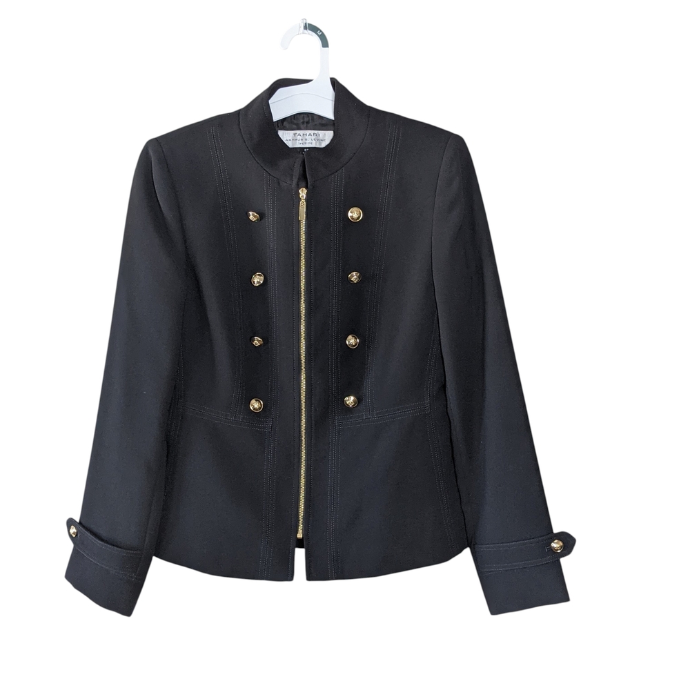 Like New Tahari ASL Women's Black Military Blazer with Gold Accents Size 2P